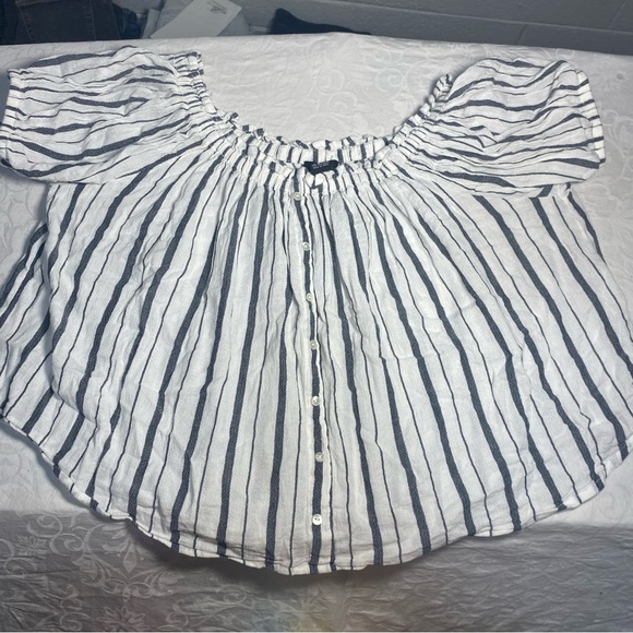 Flouncy Off Shoulder Blue & White Striped Button Down Short Sleeve Blouse Loose - Picture 8 of 8